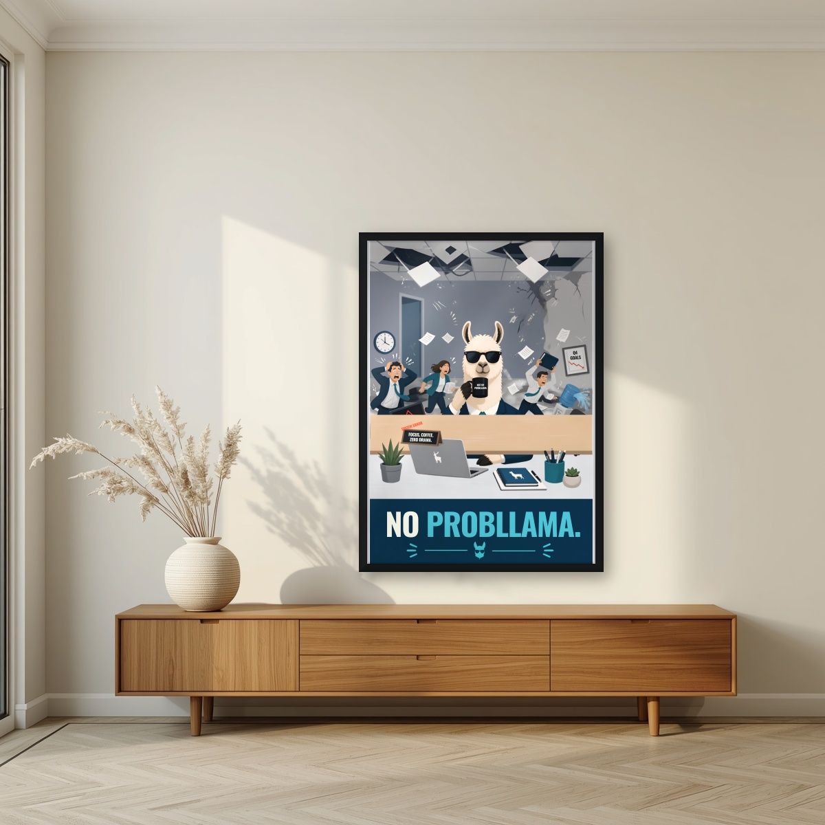 Zero Drama — No Probllama art print, in a black frame, styled in a living room