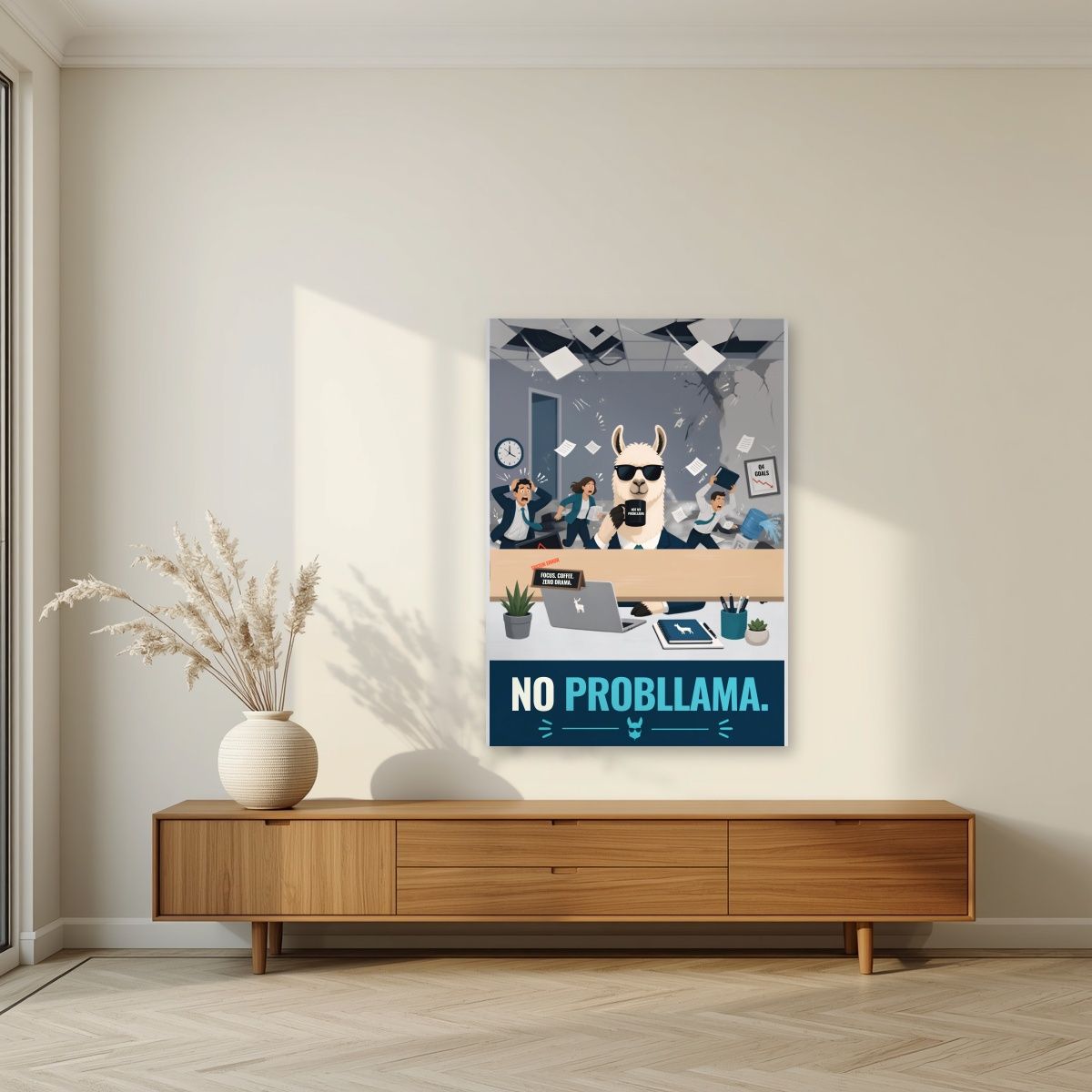 Zero Drama — No Probllama art print, unframed poster, styled in a living room