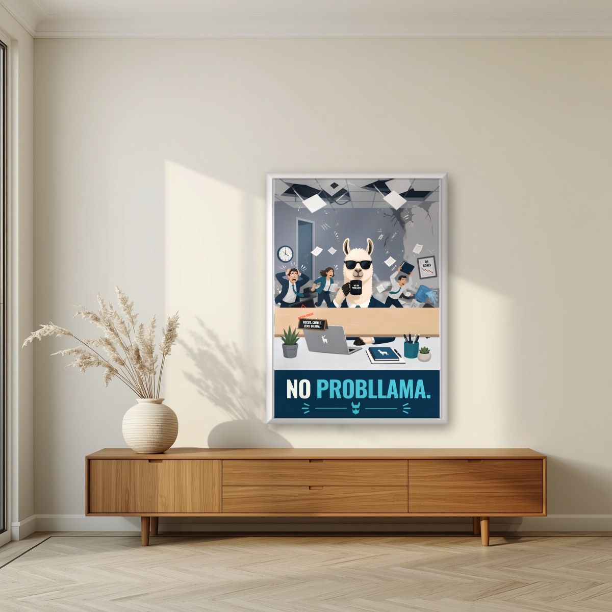 Zero Drama — No Probllama art print, in a white frame, styled in a living room