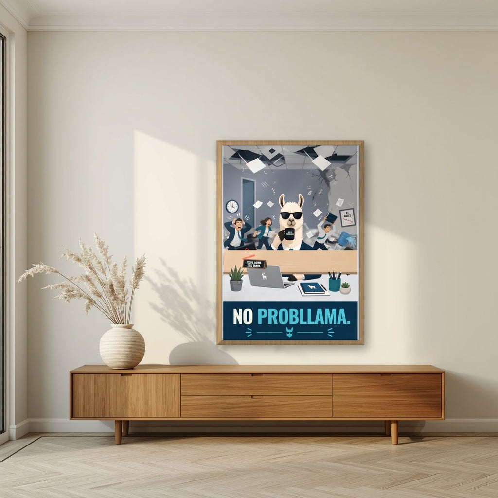Zero Drama — No Probllama art print, in an oak frame, styled in a living room