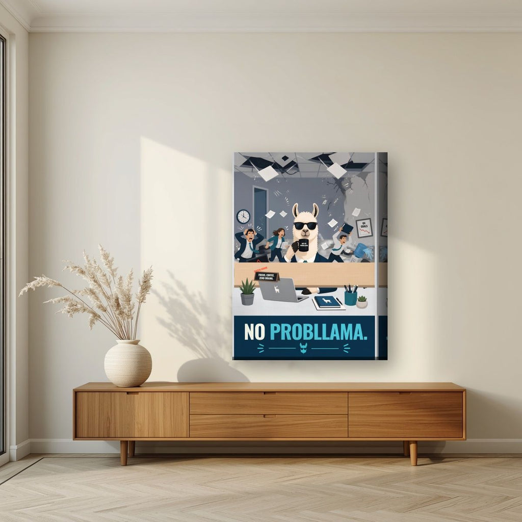 Zero Drama — No Probllama art print, on thick canvas, styled in a living room
