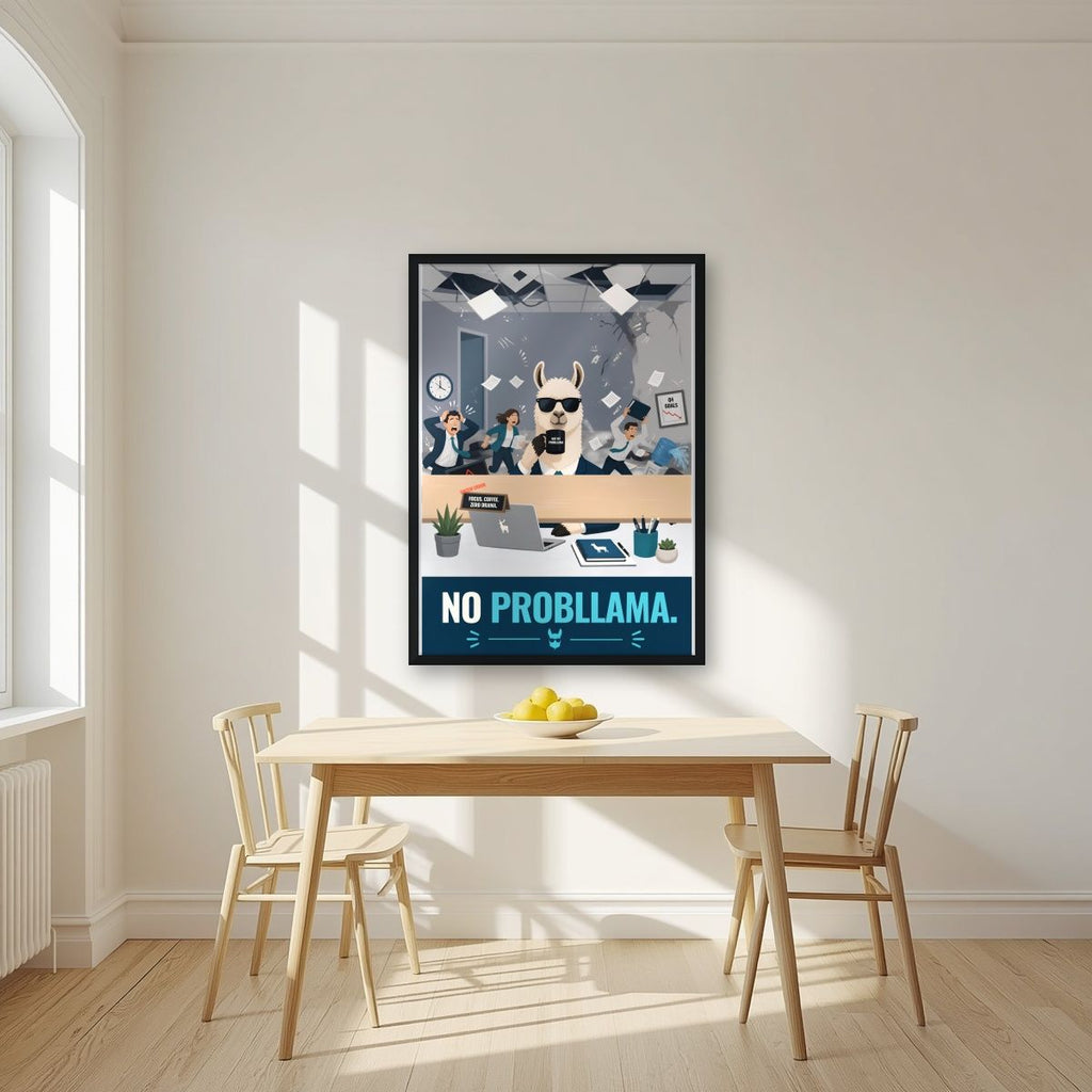 Zero Drama — No Probllama art print, in a black frame, styled in a kitchen