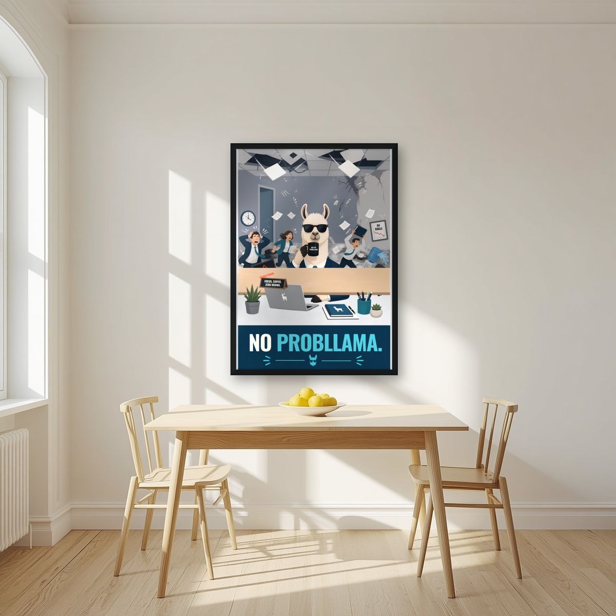 Zero Drama — No Probllama art print, in a black frame, styled in a kitchen