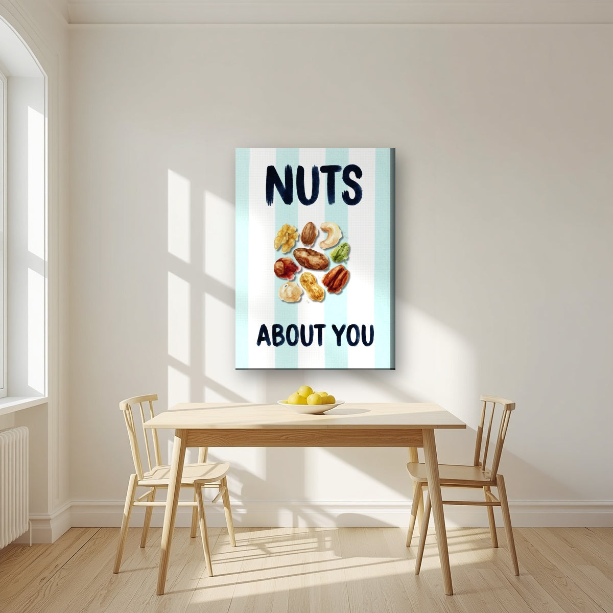Nuts About You – Amalfi Aqua on a slim-edge canvas, above a dining table in a bright kitchen