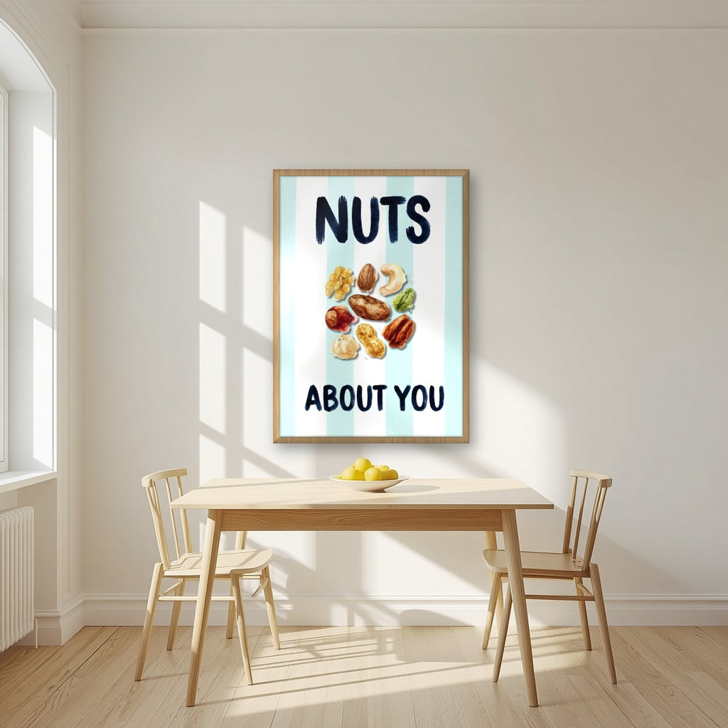 Nuts About You – Amalfi Aqua in an oak frame, above a dining table in a bright kitchen