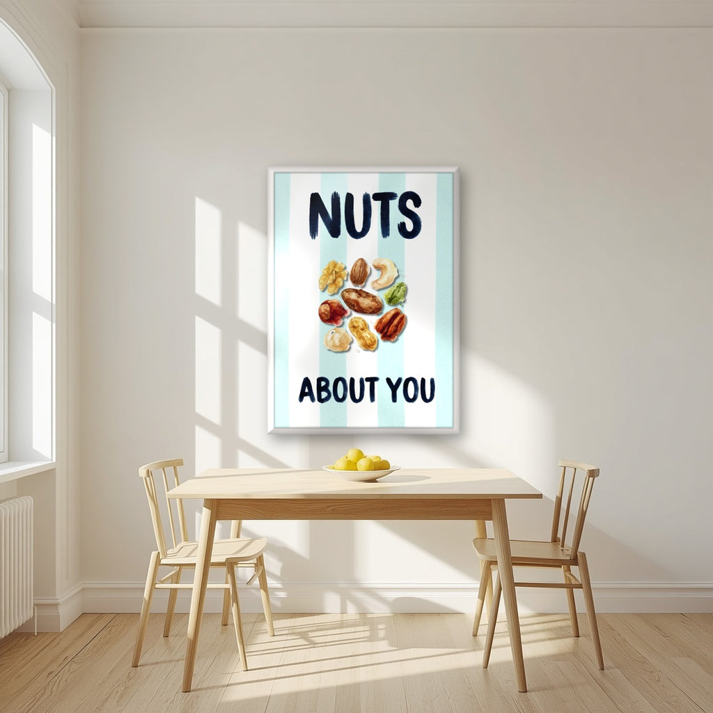 Nuts About You – Amalfi Aqua in a white frame, above a dining table in a bright kitchen