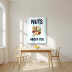 Nuts About You – Amalfi Aqua in a white frame, above a dining table in a bright kitchen