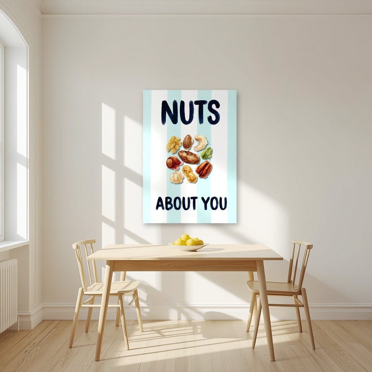 Nuts About You – Amalfi Aqua as an unframed print, above a dining table in a bright kitchen