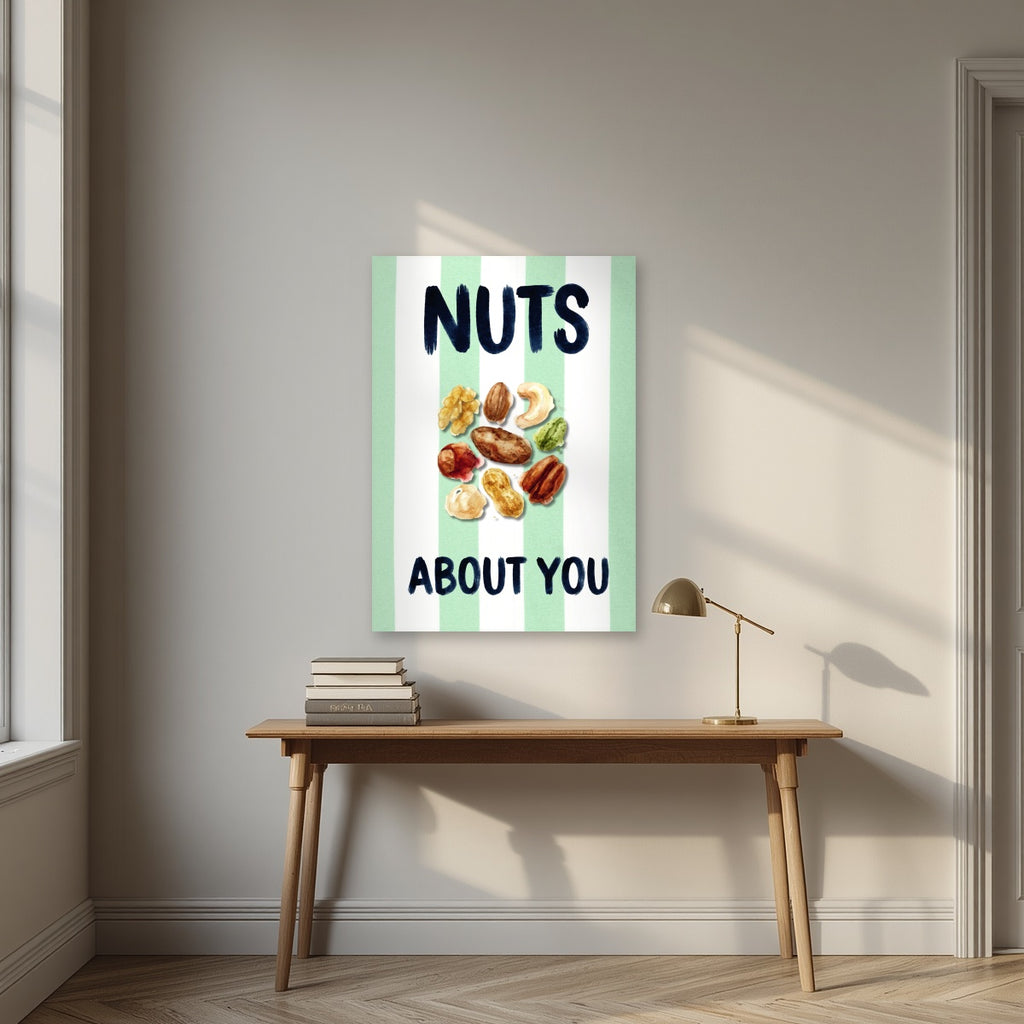 Nuts About You – Cabana Green as an unframed print, above an oak writing desk