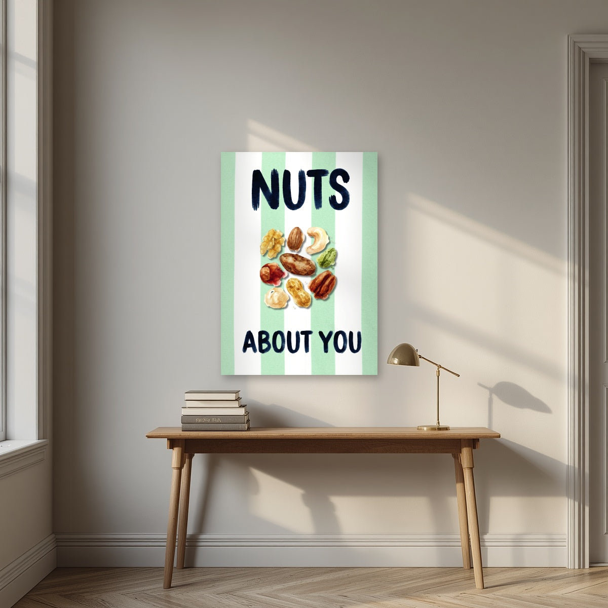 Nuts About You – Cabana Green as an unframed print, above an oak writing desk