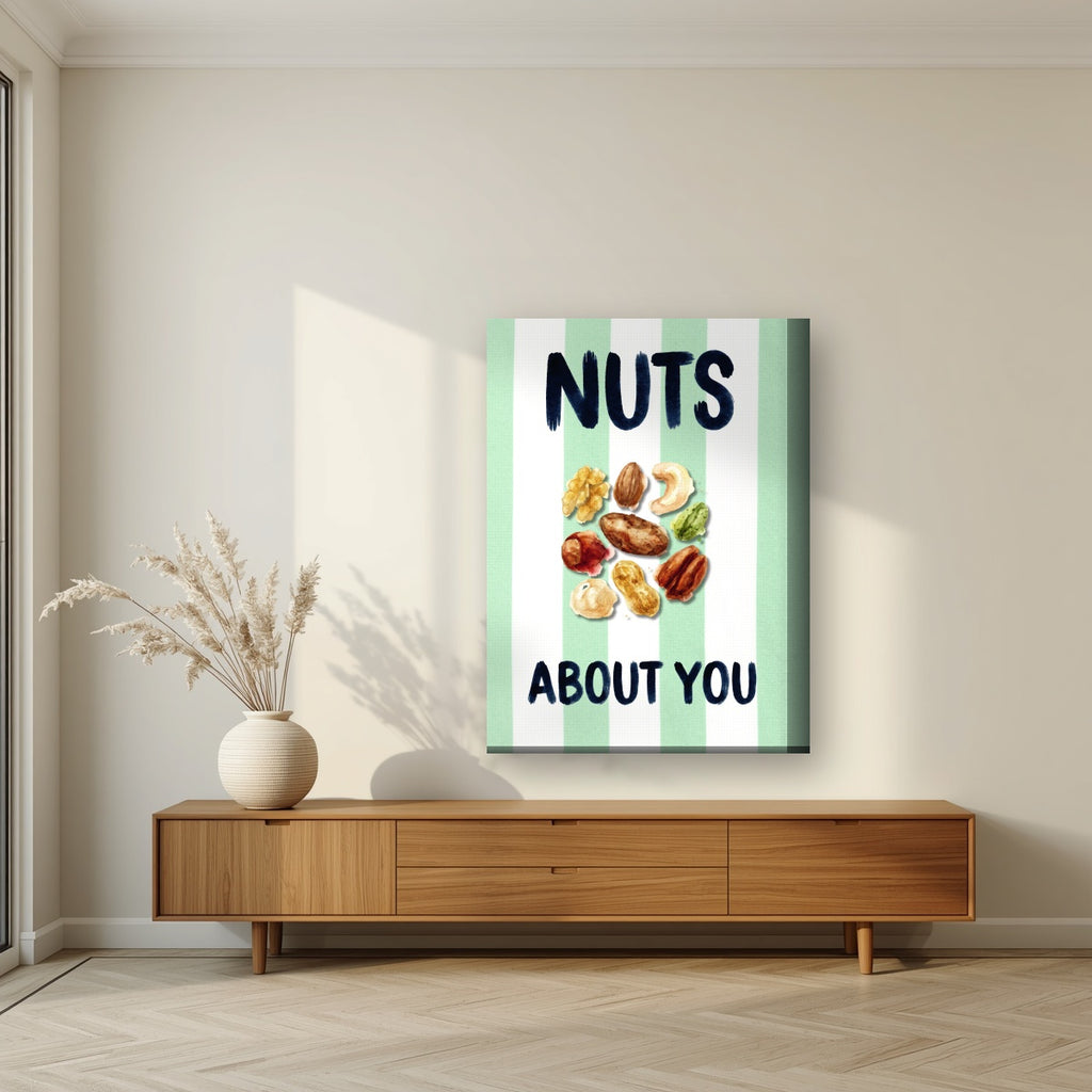 Nuts About You – Cabana Green on a thick-edge canvas, above a walnut sideboard in a living room
