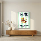Nuts About You – Cabana Green in a white frame, above a walnut sideboard in a living room