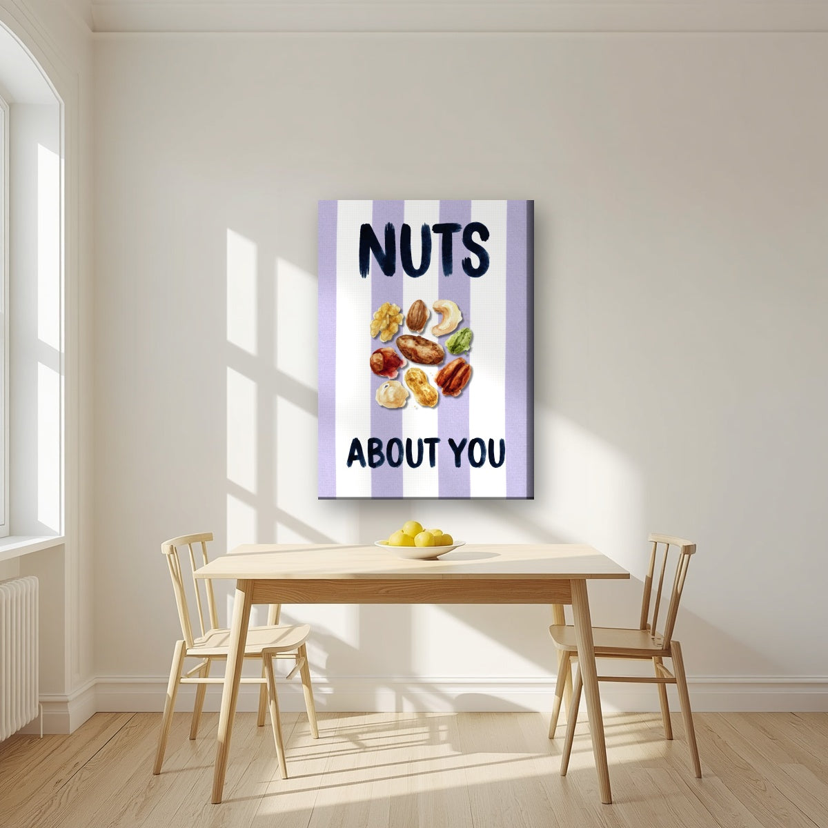 Nuts About You – Capri Violet on a slim-edge canvas, above a dining table in a bright kitchen
