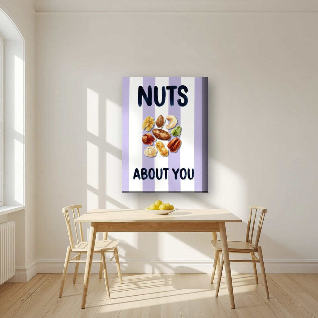 Nuts About You – Capri Violet on a thick-edge canvas, above a dining table in a bright kitchen