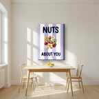Nuts About You – Capri Violet on a thick-edge canvas, above a dining table in a bright kitchen