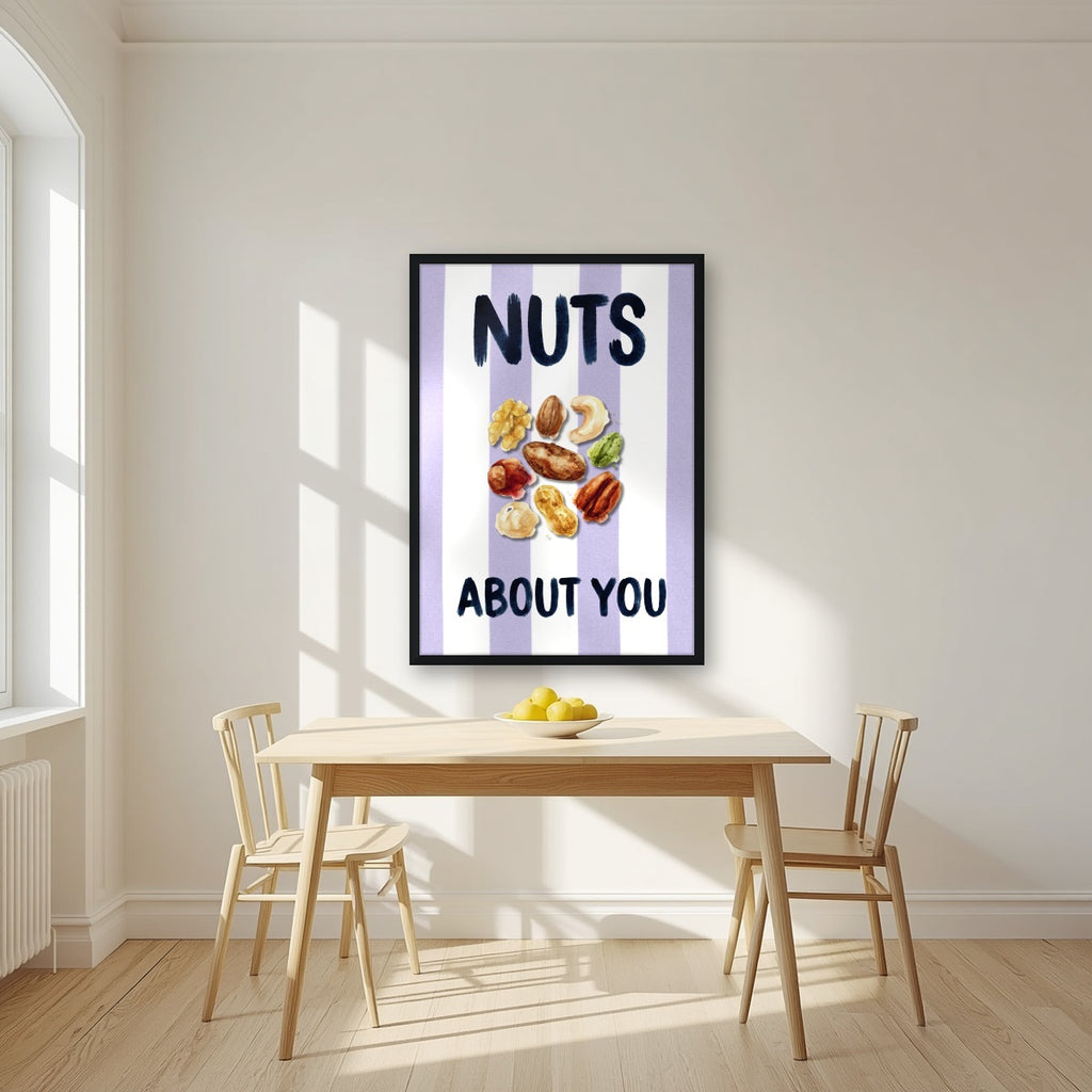 Nuts About You – Capri Violet in a black frame, above a dining table in a bright kitchen