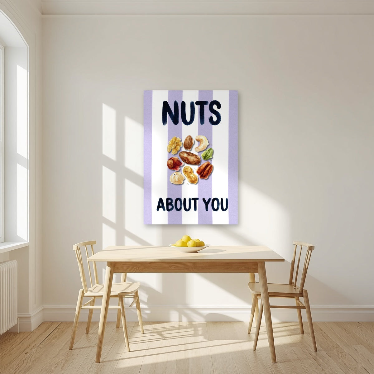 Nuts About You – Capri Violet as an unframed print, above a dining table in a bright kitchen