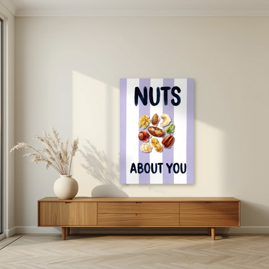 Nuts About You – Capri Violet as an unframed print, above a walnut sideboard in a living room