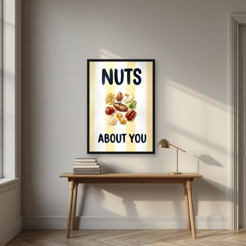 Nuts About You – Limoncello in a black frame, above an oak writing desk