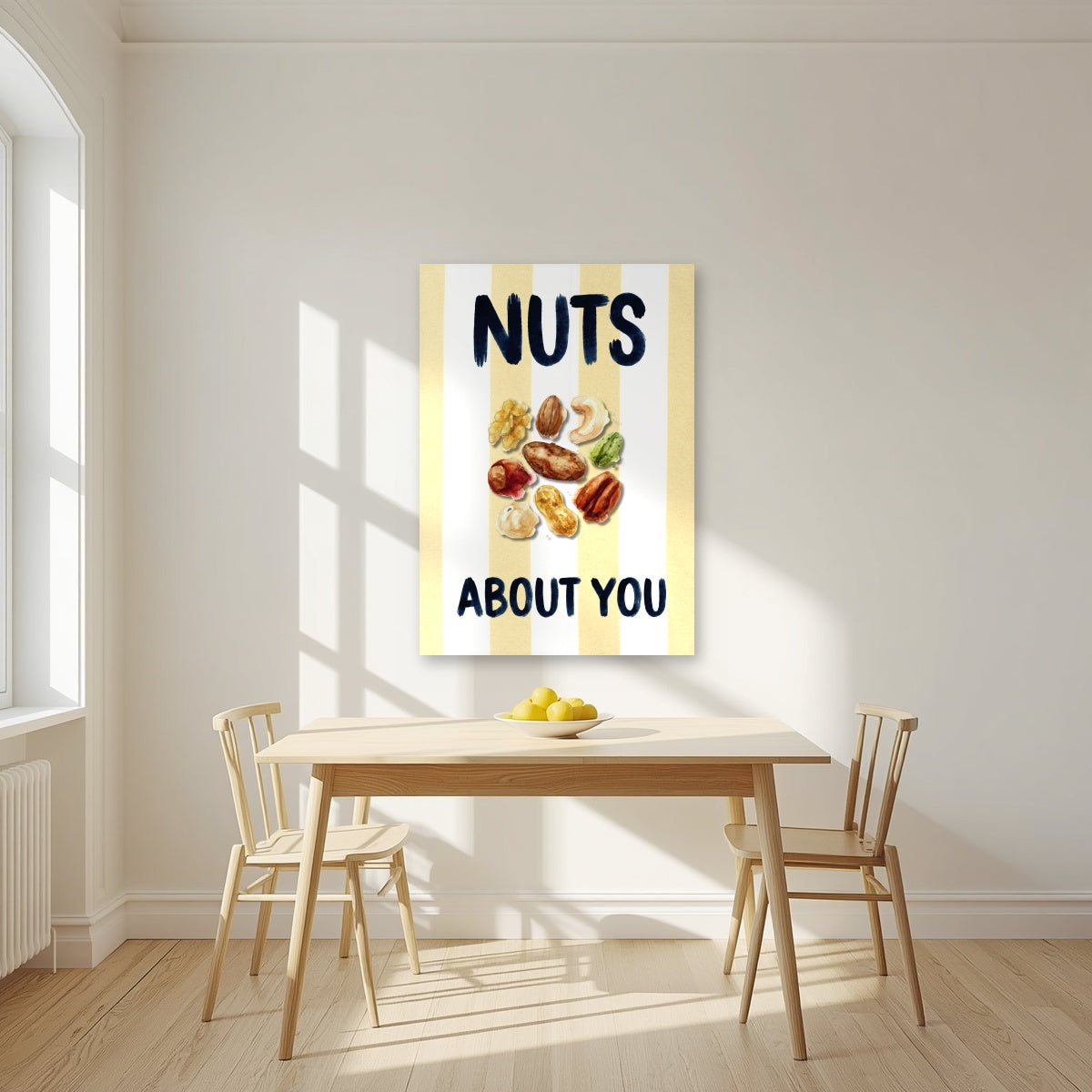Nuts About You – Limoncello as an unframed print, above a dining table in a bright kitchen