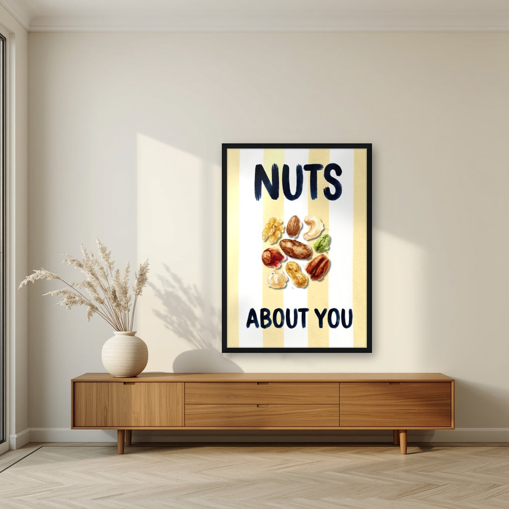 Nuts About You – Limoncello in a black frame, above a walnut sideboard in a living room