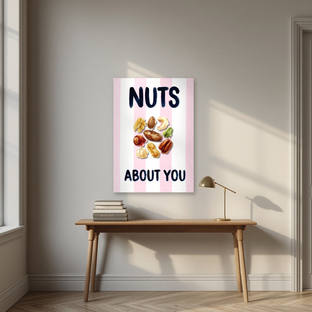 Nuts About You – Positano Pink as an unframed print, above an oak writing desk
