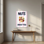 Nuts About You – Positano Pink as an unframed print, above an oak writing desk