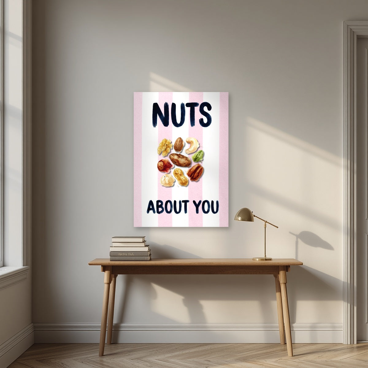 Nuts About You – Positano Pink as an unframed print, above an oak writing desk