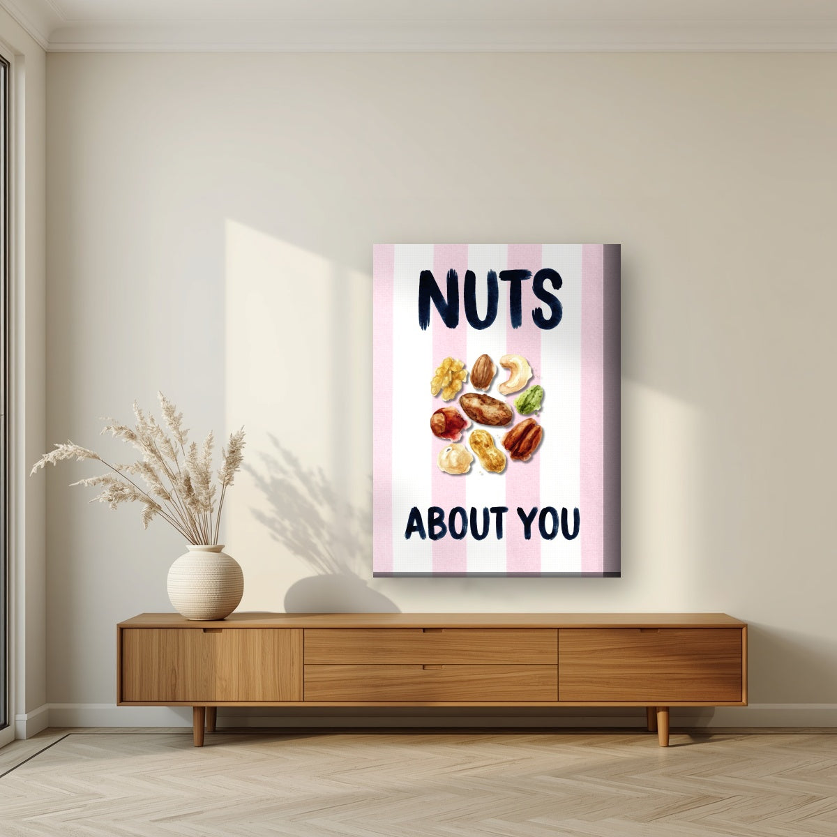 Nuts About You – Positano Pink on a thick-edge canvas, above a walnut sideboard in a living room