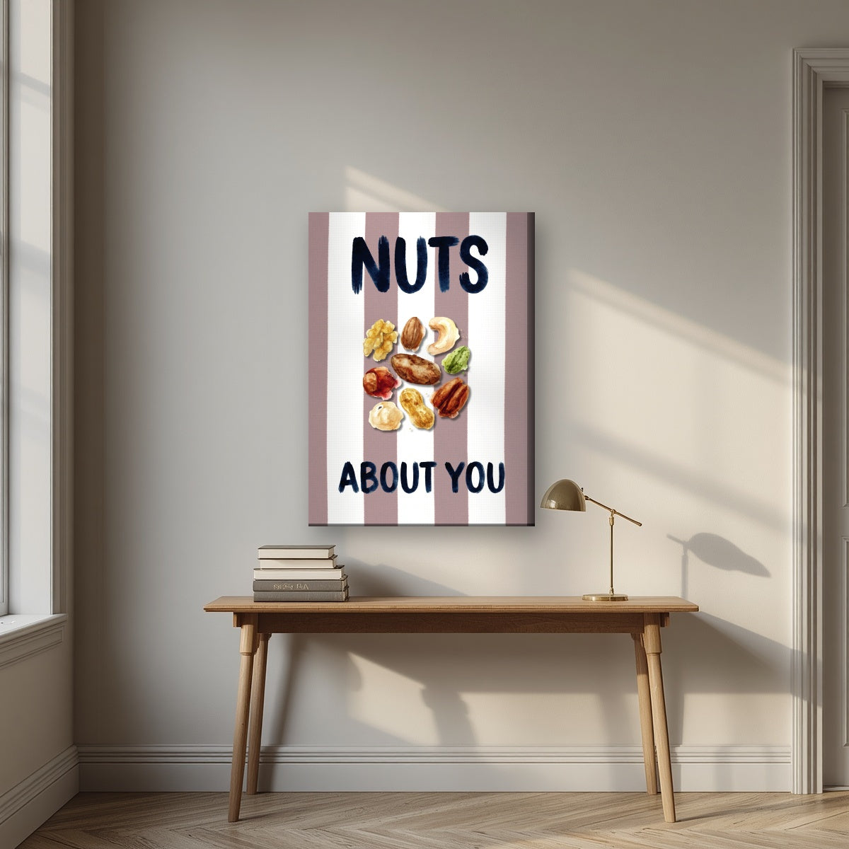 Nuts About You – Tuscan Taupe on a slim-edge canvas, above an oak writing desk