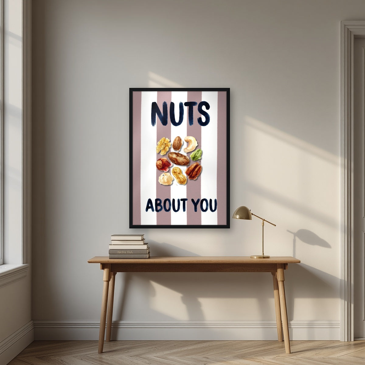 Nuts About You – Tuscan Taupe in a black frame, above an oak writing desk