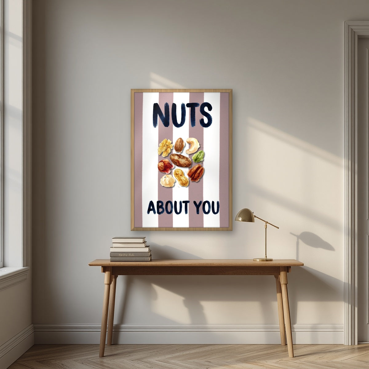 Nuts About You – Tuscan Taupe in an oak frame, above an oak writing desk