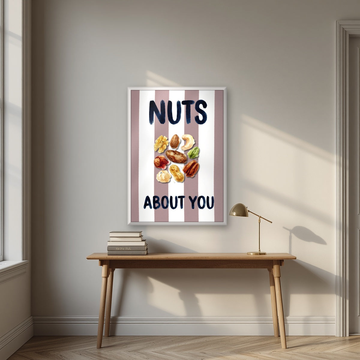 Nuts About You – Tuscan Taupe in a white frame, above an oak writing desk
