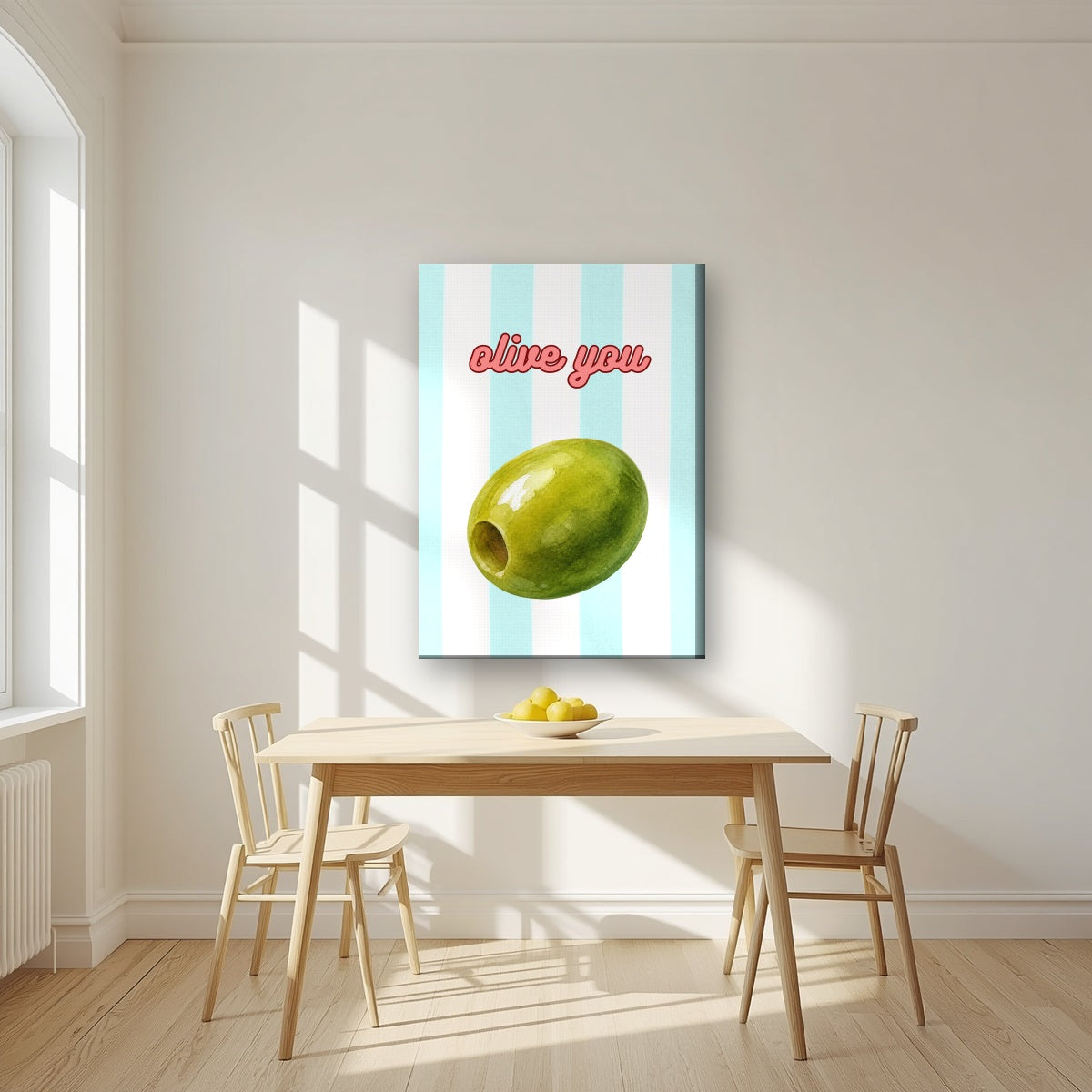 Olive You – Amalfi Aqua on a slim-edge canvas, above a dining table in a bright kitchen