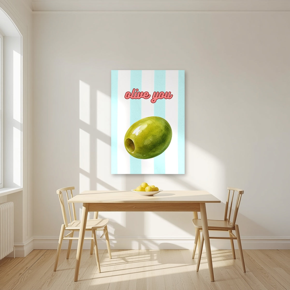 Olive You – Amalfi Aqua as an unframed print, above a dining table in a bright kitchen
