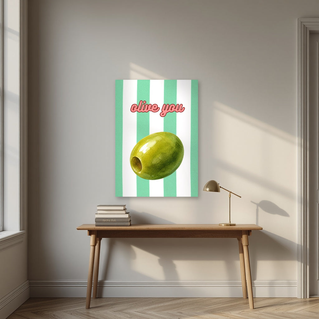 Olive You – Cabana Green as an unframed print, above an oak writing desk