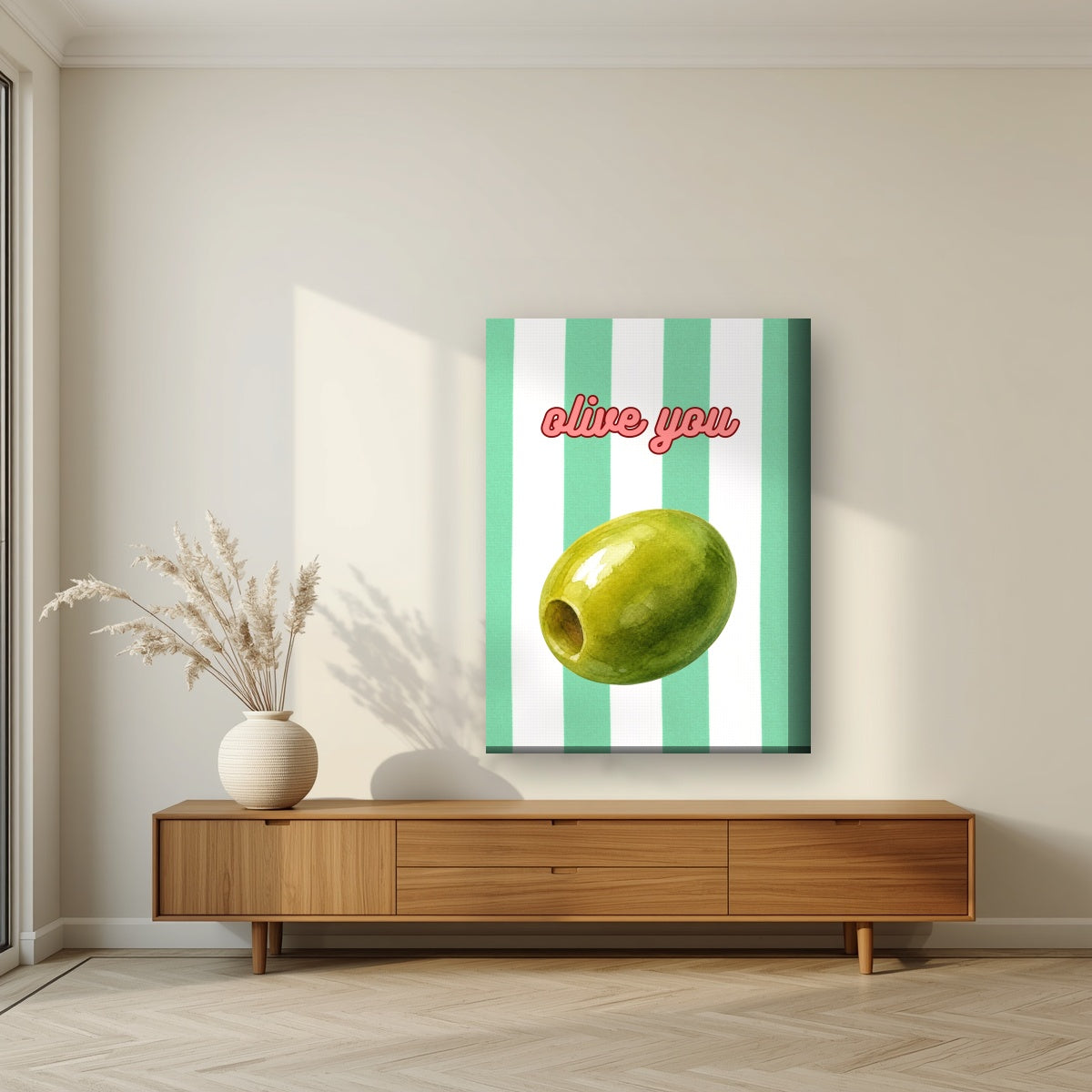 Olive You – Cabana Green on a thick-edge canvas, above a walnut sideboard in a living room