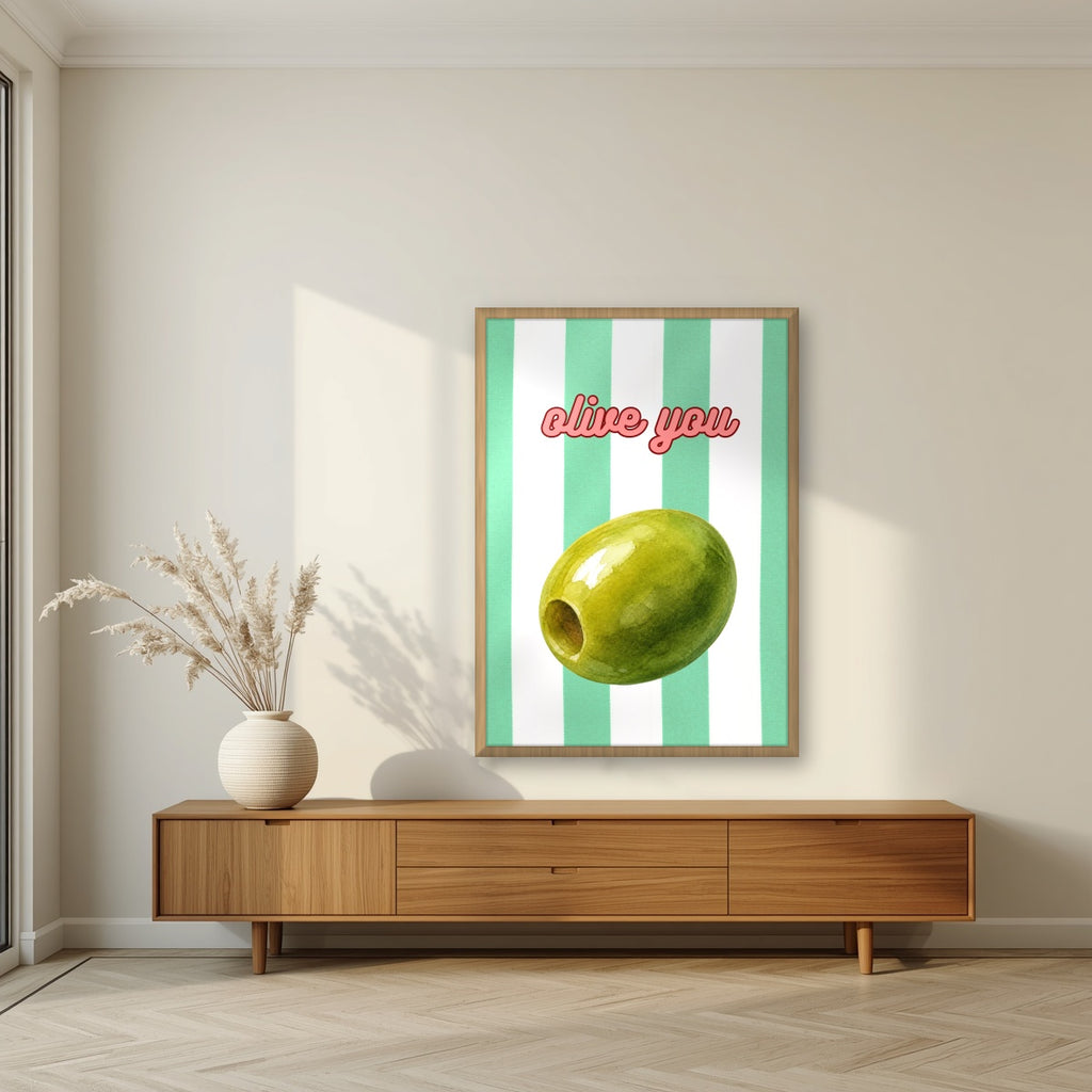 Olive You – Cabana Green in an oak frame, above a walnut sideboard in a living room