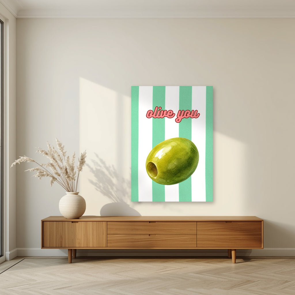 Olive You – Cabana Green as an unframed print, above a walnut sideboard in a living room