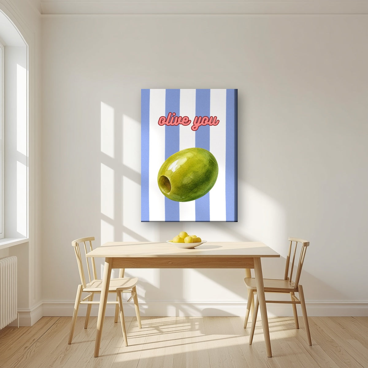 Olive You – Capri Violet on a slim-edge canvas, above a dining table in a bright kitchen