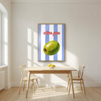 Olive You – Capri Violet in an oak frame, above a dining table in a bright kitchen