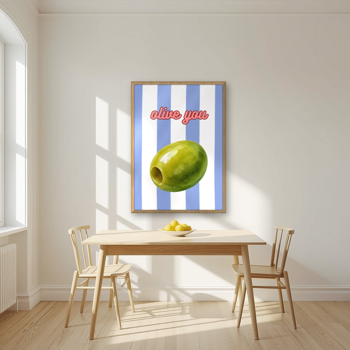 Olive You – Capri Violet in an oak frame, above a dining table in a bright kitchen