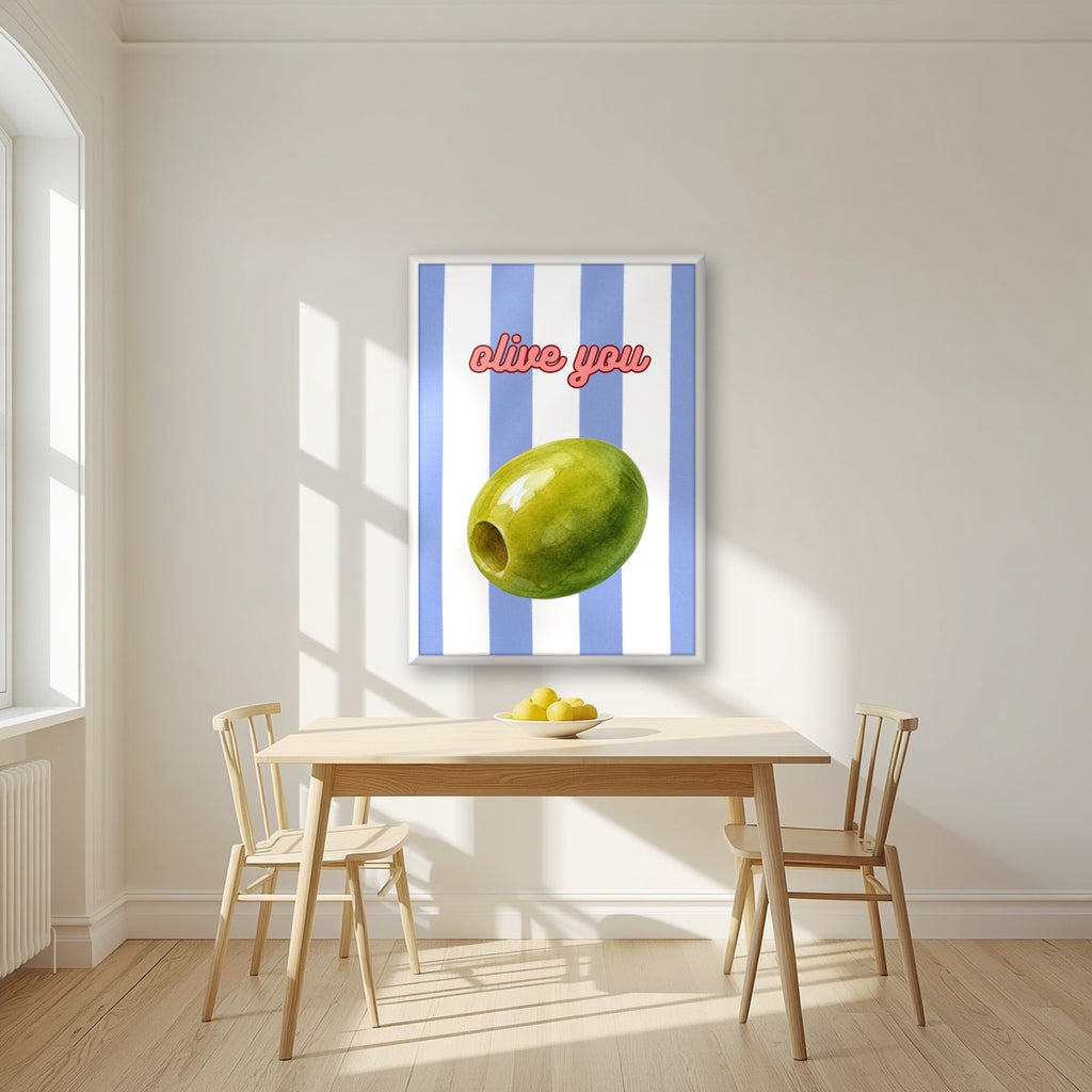 Olive You – Capri Violet in a white frame, above a dining table in a bright kitchen