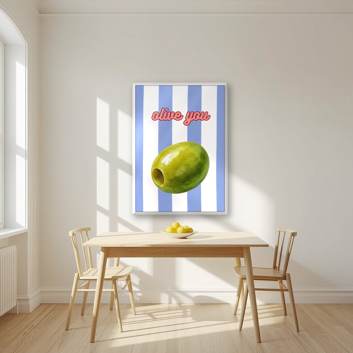 Olive You – Capri Violet in a white frame, above a dining table in a bright kitchen