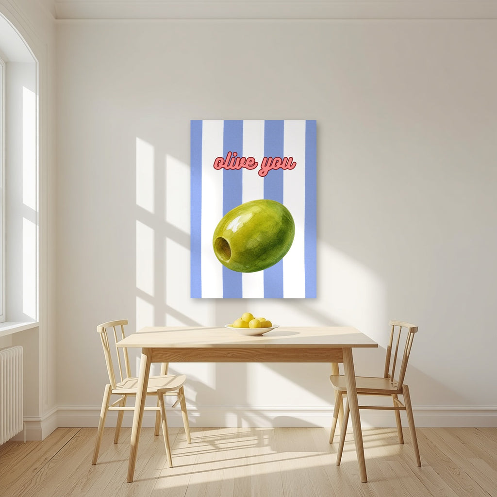Olive You – Capri Violet as an unframed print, above a dining table in a bright kitchen