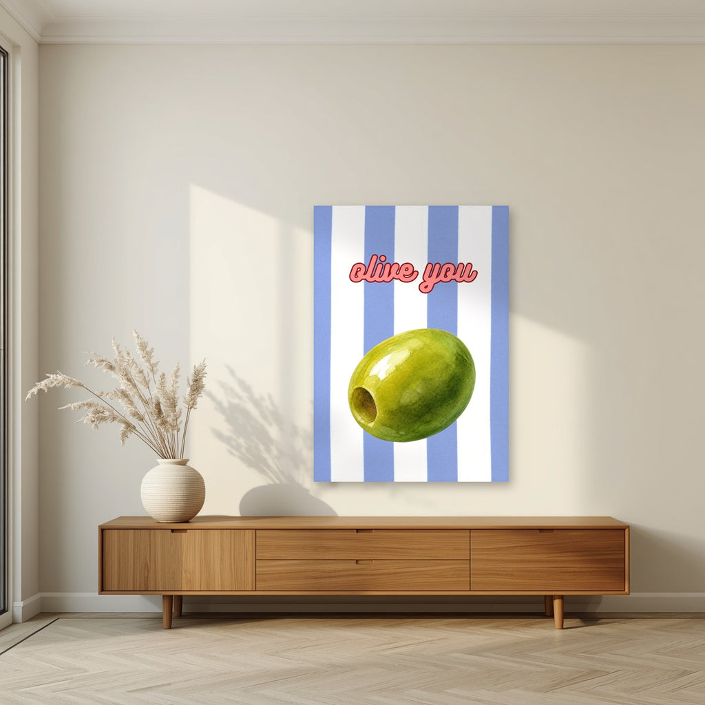 Olive You – Capri Violet as an unframed print, above a walnut sideboard in a living room