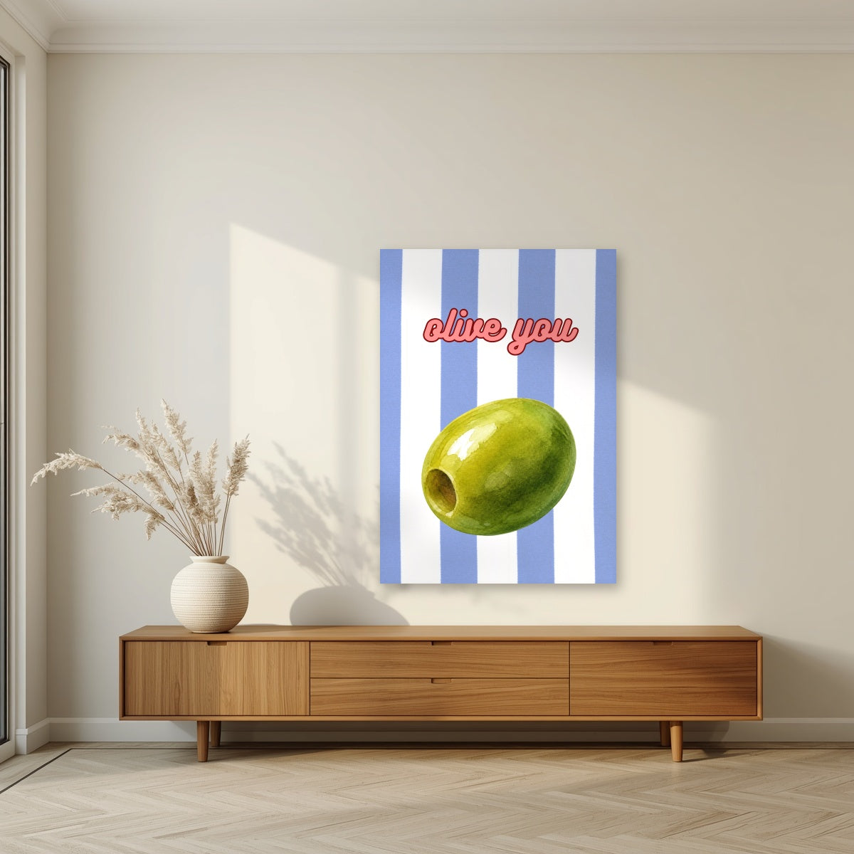 Olive You – Capri Violet as an unframed print, above a walnut sideboard in a living room