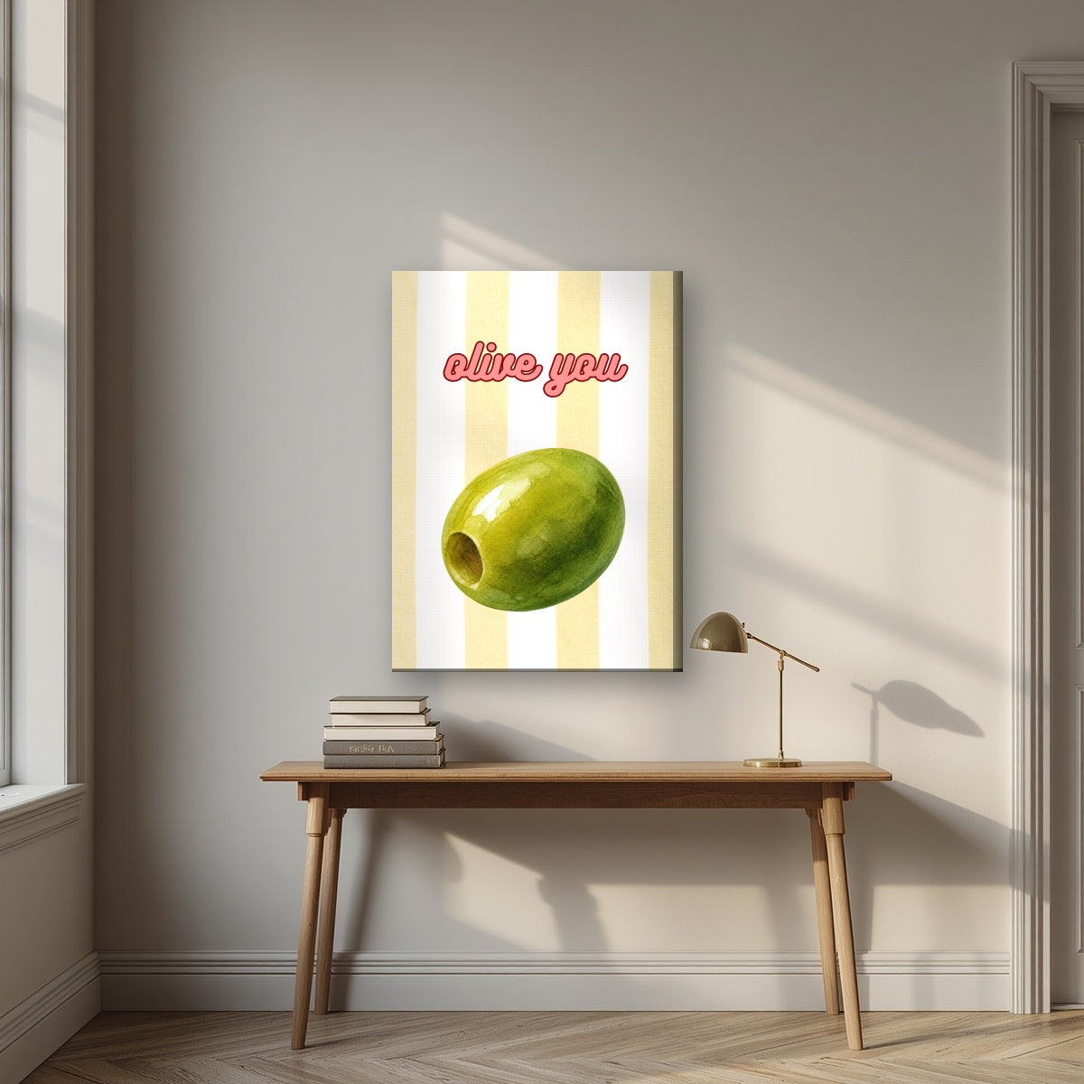 Olive You – Limoncello on a slim-edge canvas, above an oak writing desk