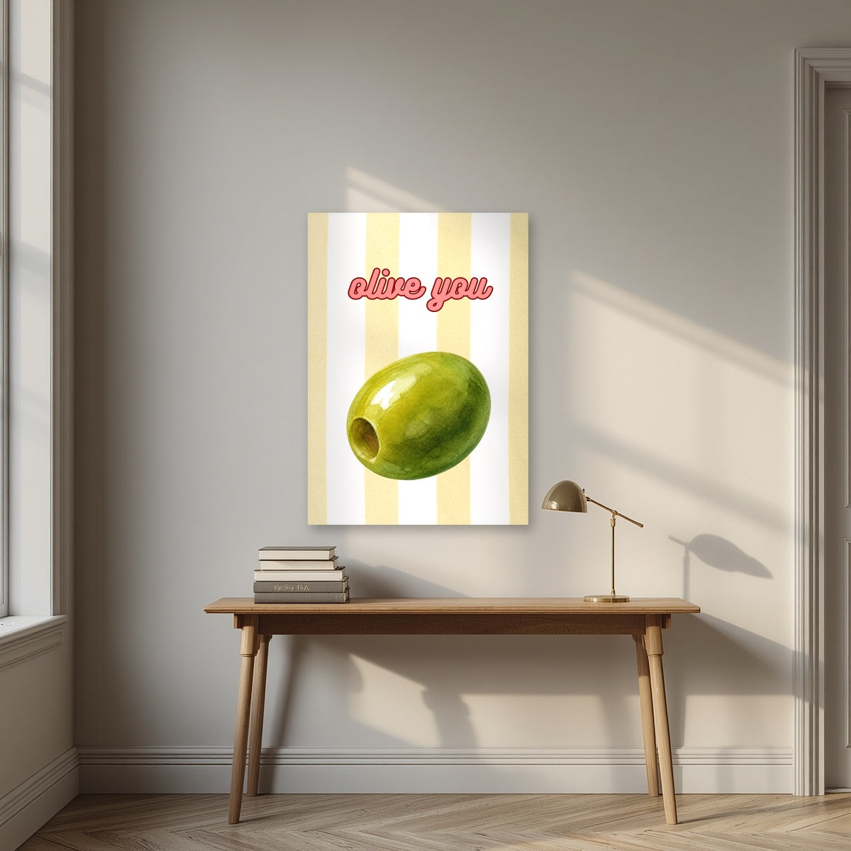 Olive You – Limoncello as an unframed print, above an oak writing desk