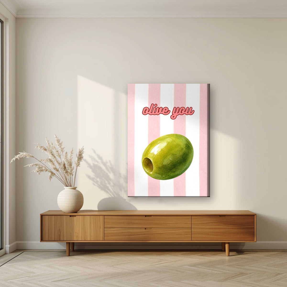 Olive You – Positano Pink on a slim-edge canvas, above a walnut sideboard in a living room